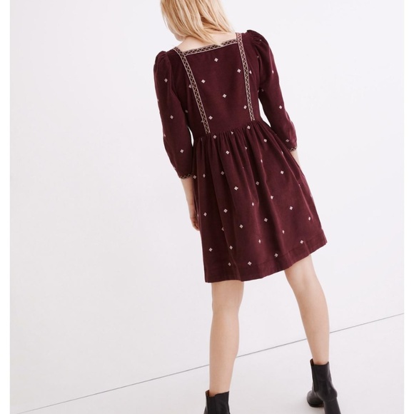 [NWOT] Madewell Embroidered Corduroy Button Front Mini Dress Dark Fig Dress - Picture 4 of 5